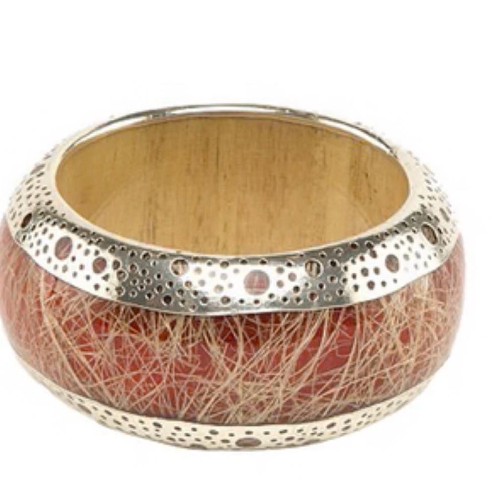 BANGLE. Laminated, Round, Wood Bangle with Raffia Fiber, Silver Plated Accent